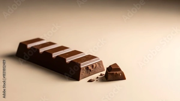 Fototapeta Smooth Milk Chocolate Bar with Broken Segment and Crumbs on Warm Beige Appetizing Studio Shot.