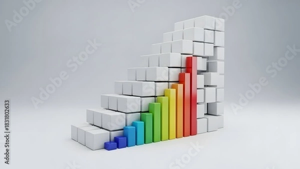 Fototapeta Vibrant 3D Bar Chart with Gradient Colors Rising on White Cube Staircase Illustrating Growth and Progress.