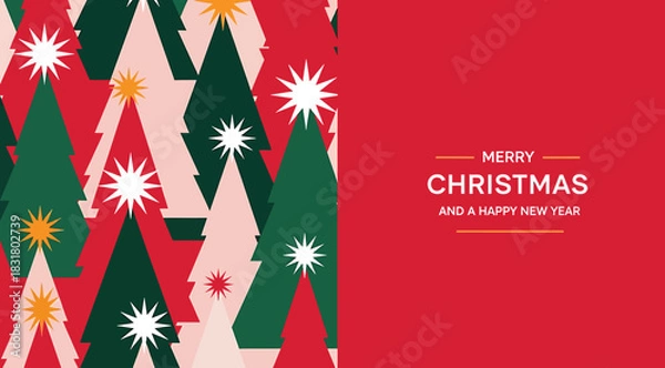 Fototapeta Christmas and New Year greeting card with stylized trees in red, green, and pink on patterned background, paired with bold white and gold “MERRY CHRISTMAS AND A HAPPY NEW YEAR” text on solid red—perfe