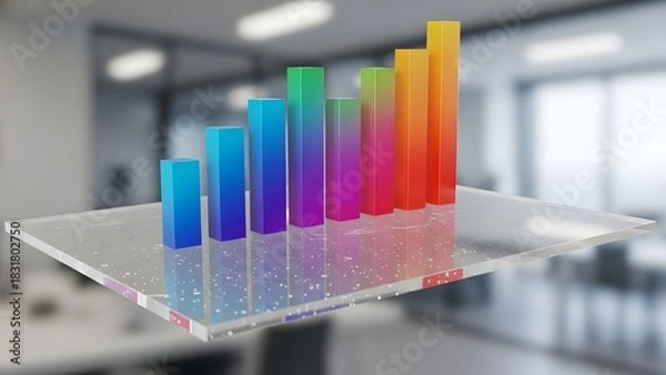 Fototapeta Vibrant Holographic Bar Chart Projecting Business Data on a Glass Interface in an Office.