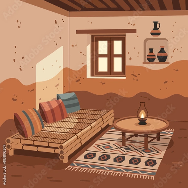 Obraz Adobe House Interior with Bamboo Couch and Lantern, Warm Tones Style
