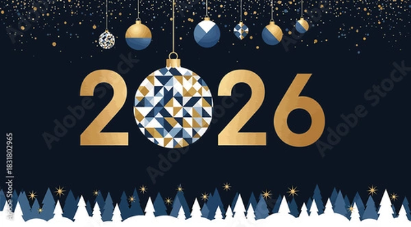 Fototapeta Elegant New Year 2026 design with gold numbers, ornament ball replacing “0,” hanging decorations, sparkling lights, and icy border on dark blue background—perfect for seasonal greetings and festive pr