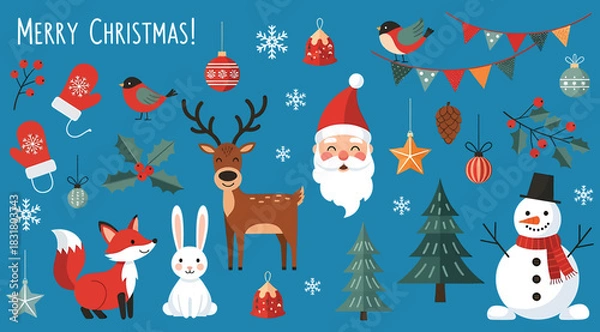 Fototapeta Collection of cute cartoon christmas and winter holiday elements including santa claus, reindeer, snowman, fox, rabbit, bird, tree, mitten, ornament, and festive decoration on a blue background