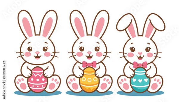 Obraz Three cute rabbits holding colorful Easter eggs in pastel colors  