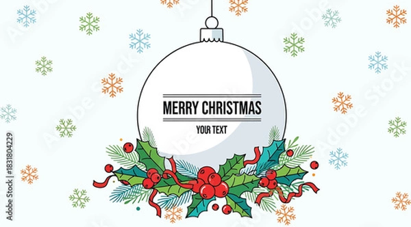 Fototapeta Merry christmas greeting card template with hanging ornament decorated with holly berry and leaf illustration on a with falling snowflake pattern