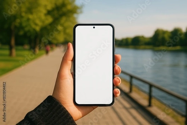 Fototapeta A person holding a smartphone with a blank white screen at a riverside promenade on a bright summer afternoon. Modern technology and leisure lifestyle by the water.