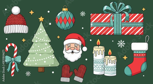 Fototapeta Collection of pixel art christmas and holiday icons including santa claus face, knitted hat, ornament, gift box, candy cane, tree, candle, mitten, and stocking set against a dark green background