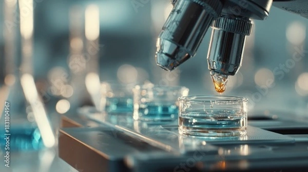 Obraz Close-up of microscope analyzing liquid in petri dish research setting