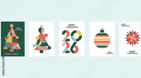 Fototapeta Collection of five modern abstract geometric holiday greeting cards featuring stylized christmas trees, the year 2026, a festive ornament, and a star design in colorful flat design style