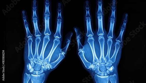 Fototapeta X-ray of adult human hands, showcasing the bones, joints, and skeletal structure for medical and diagnostic purposes.