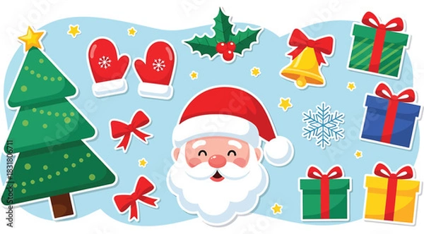 Fototapeta Collection of cute christmas holiday sticker elements featuring santa claus face, decorated tree, gift box, mitten, bell, bow, holly, and snowflake on light blue background for seasonal design