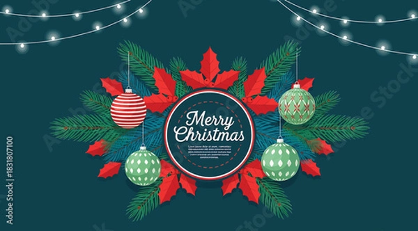 Fototapeta Christmas greeting design with circular emblem reading “Merry Christmas and Happy New Year,” surrounded by poinsettias, pine branches, ornaments, and string lights on dark teal background—perfect for 