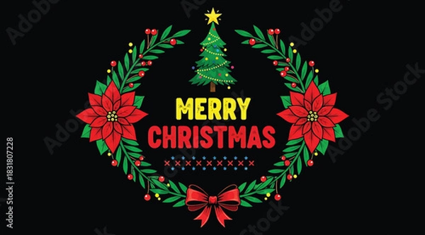 Fototapeta Christmas greeting design with decorated tree, yellow star, red bow, and wreath of poinsettias and green leaves on black background. Bold “MERRY CHRISTMAS” text adds cheer to seasonal cards and promot