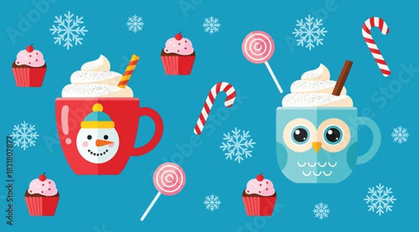 Fototapeta Festive winter scene with two mugs of hot chocolate topped with whipped cream, surrounded by candy canes, cupcakes, lollipops, and snowflakes on a bright blue background illustration