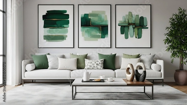 Obraz modern living room with sofa, Contemporary living room with white sofa, decorative pillows, sculptural objects, coffee table with tea set, and wall art in green tones. Mock up paintings.