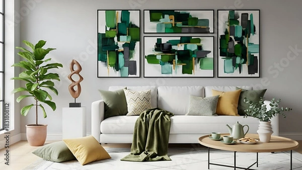 Obraz modern living room with sofa, Contemporary living room with white sofa, decorative pillows, sculptural objects, coffee table with tea set, and wall art in green tones. Mock up paintings.
