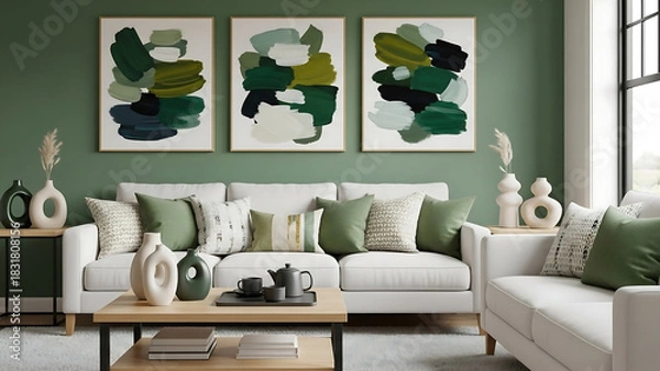 Obraz modern living room with sofa, Contemporary living room with white sofa, decorative pillows, sculptural objects, coffee table with tea set, and wall art in green tones. Mock up paintings.