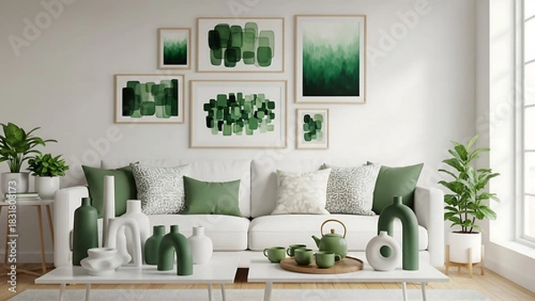 Obraz modern living room with sofa, Contemporary living room with white sofa, decorative pillows, sculptural objects, coffee table with tea set, and wall art in green tones. Mock up paintings.