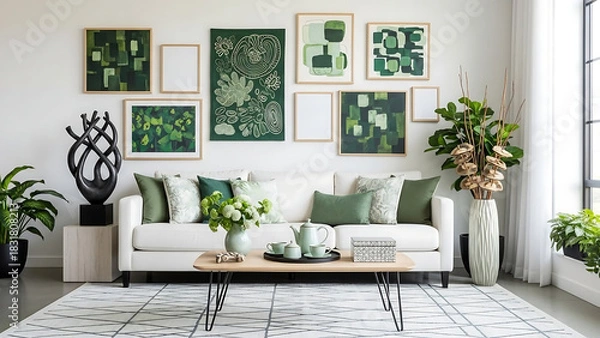 Obraz modern living room with sofa, Contemporary living room with white sofa, decorative pillows, sculptural objects, coffee table with tea set, and wall art in green tones. Mock up paintings.