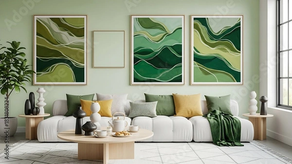 Obraz modern living room with sofa, Contemporary living room with white sofa, decorative pillows, sculptural objects, coffee table with tea set, and wall art in green tones. Mock up paintings.
