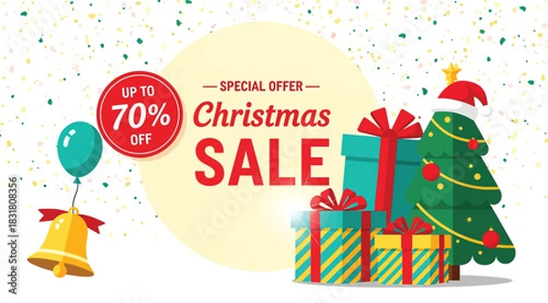 Fototapeta Colorful Christmas sale ad with decorated tree, wrapped gifts, balloon, golden bell, and confetti. Bold text announces “UP TO 70% OFF SPECIAL OFFER Christmas SALE”—ideal for holiday marketing campaign