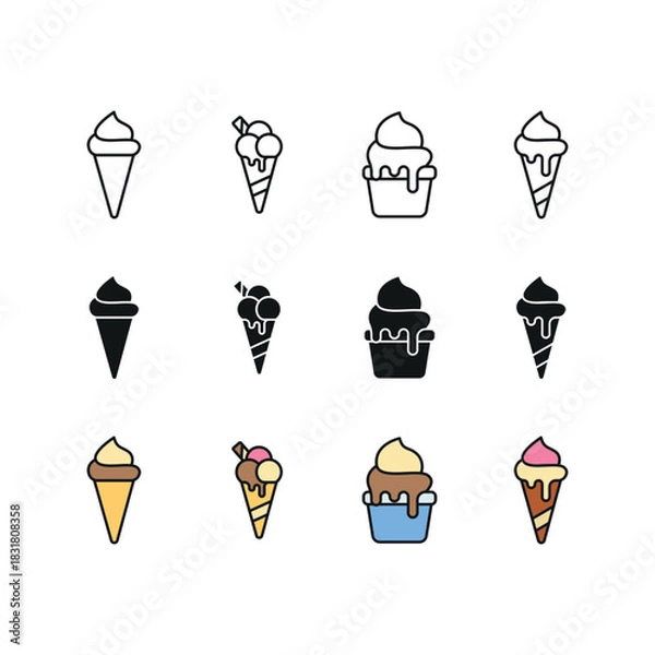 Fototapeta Ice cream set icon line glyph color for frozen dessert and sweet food illustration