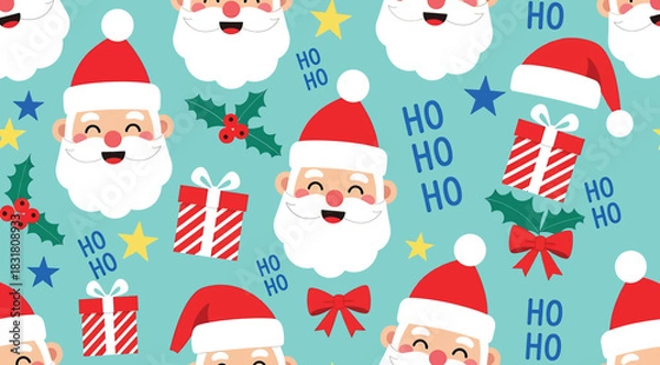 Fototapeta Seamless pattern with cute cartoon santa claus faces, christmas gift boxes, holly, stars, and ho ho ho text on a light blue background for holiday wrapping paper or textile design