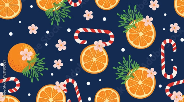 Fototapeta Holiday-themed seamless pattern with orange slices, candy canes, pine sprigs, and snowflake dots on dark blue background. Perfect for winter wrapping paper, seasonal textiles, and festive design proje