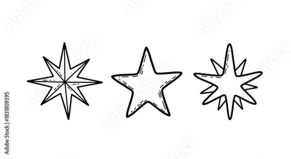 Fototapeta Three hand-drawn star illustrations in different styles  