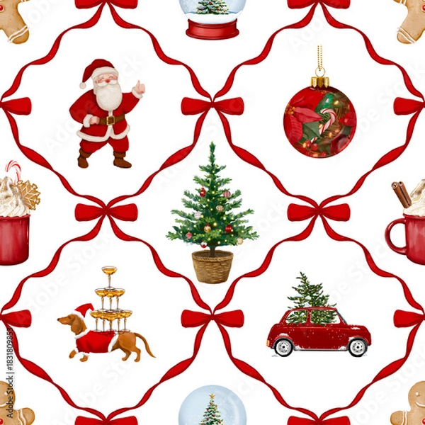 Fototapeta Seamless pattern of christmas decorations vintage Cute decorated, hand drawn on  transparent  background christmas elements