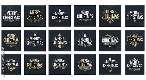 Fototapeta Set of 18 elegant Christmas greeting card designs featuring “Merry Christmas and Happy New Year” in gold and white text on dark backgrounds with festive motifs like stars, snowflakes, and ornaments.