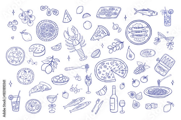 Fototapeta Mediterranean food doodles collection with strawberry, ravioli, salmon and vegetables line set. Vintage sketch summer elements perfect for menu or beach party designs. Dinner dish on plate and drink