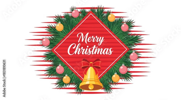 Fototapeta Merry christmas greeting on red banner, framed by festive wreath of green pine branches, adorned with pink and orange baubles and a golden bell, for seasonal promotions and holiday celebrations.
