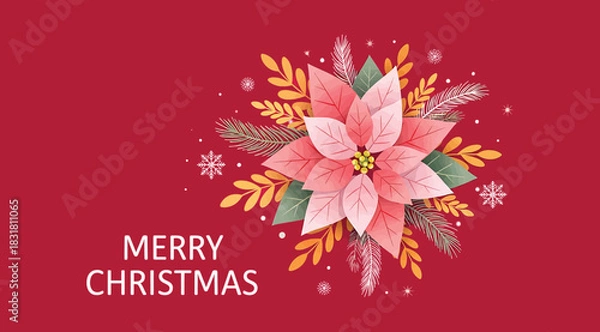Fototapeta Elegant Christmas greeting card with pink-red poinsettia, golden leaves, snowflakes, and sparkles on deep red background. “MERRY CHRISTMAS” text adds festive charm for seasonal decor and promotions.