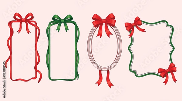 Fototapeta Collection of four decorative holiday picture frames adorned with red and green ribbons and bows, perfect for christmas or festive greeting card design elements