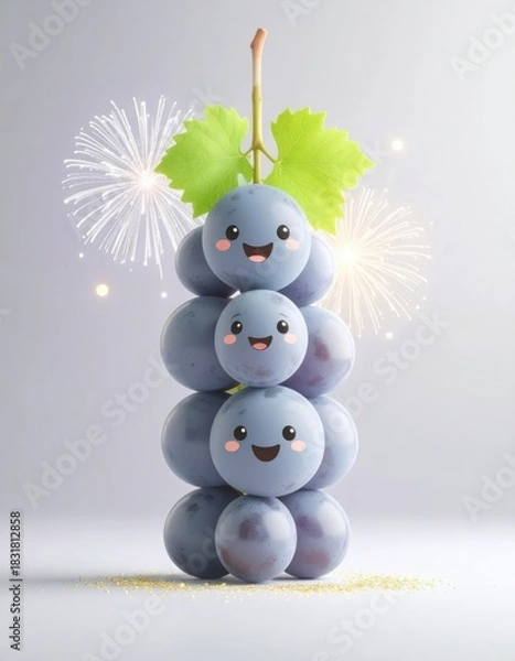 Fototapeta A festive stack of cute blue grapes, some smiling happily with rosy cheeks. Fireworks burst brightly in the background with golden glitter.
