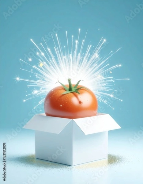 Fototapeta A radiant red tomato glows with brilliant sparks, emerging from a white open box on a shimmering blue surface. A magical fresh reveal.