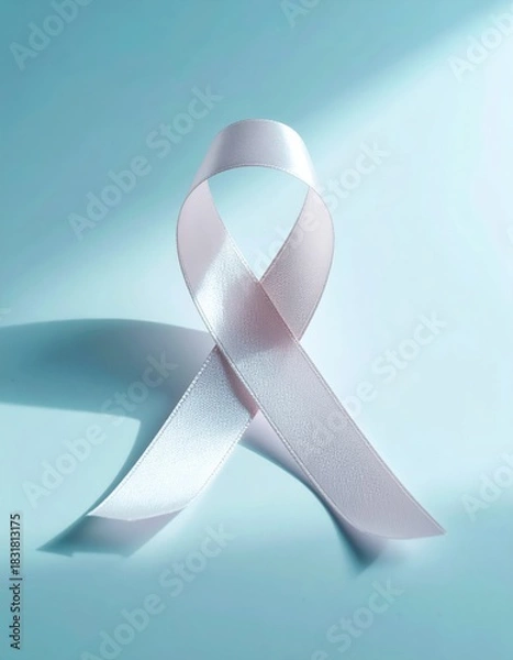 Fototapeta Serene light pink awareness ribbon with subtle texture, casting shadows on a tranquil blue surface with soft diagonal light.