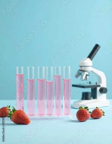 Fototapeta Clean blue lab scene with test tubes holding pink liquid, one highlighting a DNA helix. Fresh strawberries sit alongside a microscope, hinting at fruit genetic research.