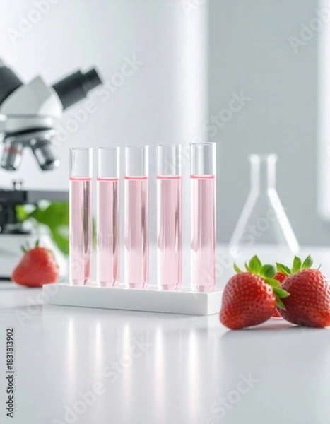 Fototapeta Five test tubes with vibrant pink liquid stand alongside fresh red strawberries, a microscope, and lab glassware on a bright white surface. Exploring fruit science.