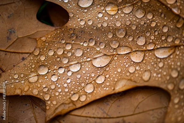 Fototapeta Macro rain drops on an autumn leaves