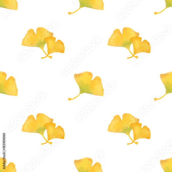 Fototapeta Autumn ginkgo leaf seamless pattern. Yellow leaves pattern watercolor illustration for wrapping paper, textile prints, banners, backgrounds