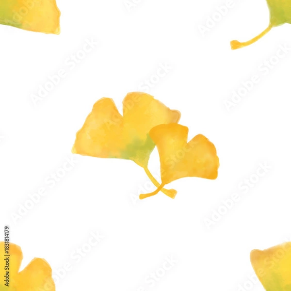 Fototapeta Autumn ginkgo leaf seamless pattern. Yellow leaves pattern watercolor illustration for wrapping paper, textile prints, banners, backgrounds