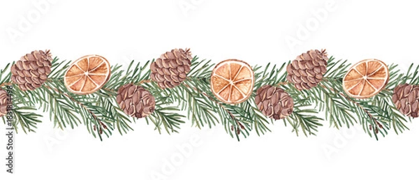 Obraz Pine or Fir Branches with cones Horizontal Watercolor Seamless border Pattern. Hand painted illustration of Winter forest plant with dried oranges slices. Can be used for fabric, textile, packaging
