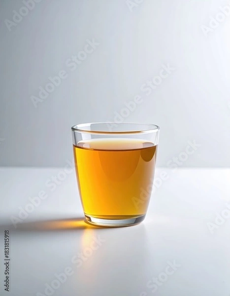 Fototapeta A clear glass filled with vibrant golden liquid stands centered on a stark white surface. Its luminous reflection casts a warm glow. Clean and minimal.