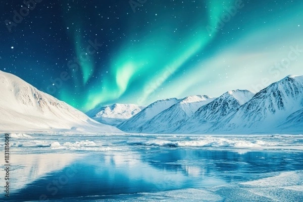 Fototapeta Northern Lights illuminate snowy mountain landscape with icy frozen lake reflecting vibrant green aurora under starry night sky, creating breathtaking winter scene