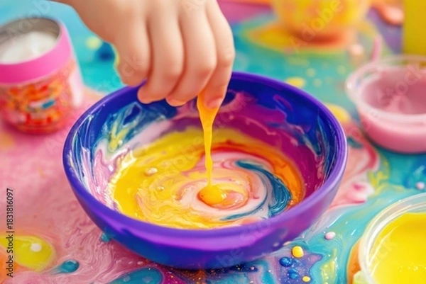 Fototapeta Child hand dipping into colorful bowl of yellow paint with swirls of pink and blue on vibrant surface, creating playful and creative atmosphere