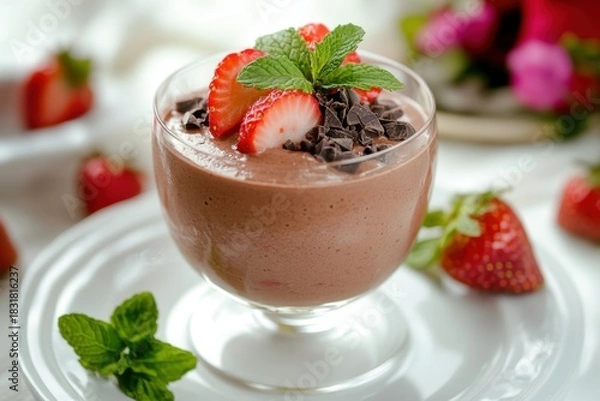 Fototapeta Creamy chocolate mousse dessert topped with fresh strawberry slices, chocolate shavings, and sprig of mint, served in clear glass on white plate with scattered strawberries and mint leaves
