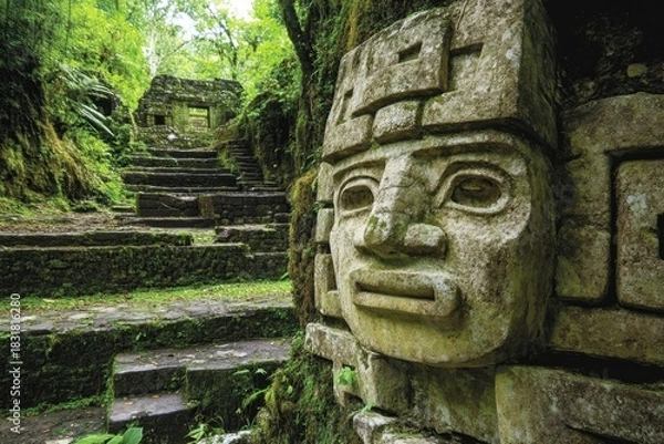 Fototapeta Ancient stone face carving on moss covered wall near old stone steps leading to small temple structure surrounded by dense green jungle foliage in mysterious archaeological site