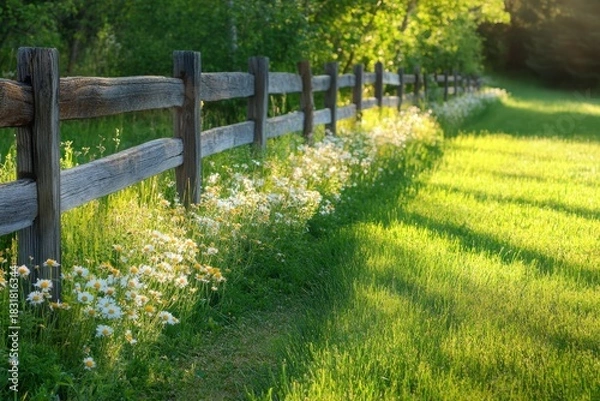 Fototapeta Rustic wooden fence lines sunlit green meadow with blooming white daisies, casting long shadows and creating peaceful, natural countryside scene